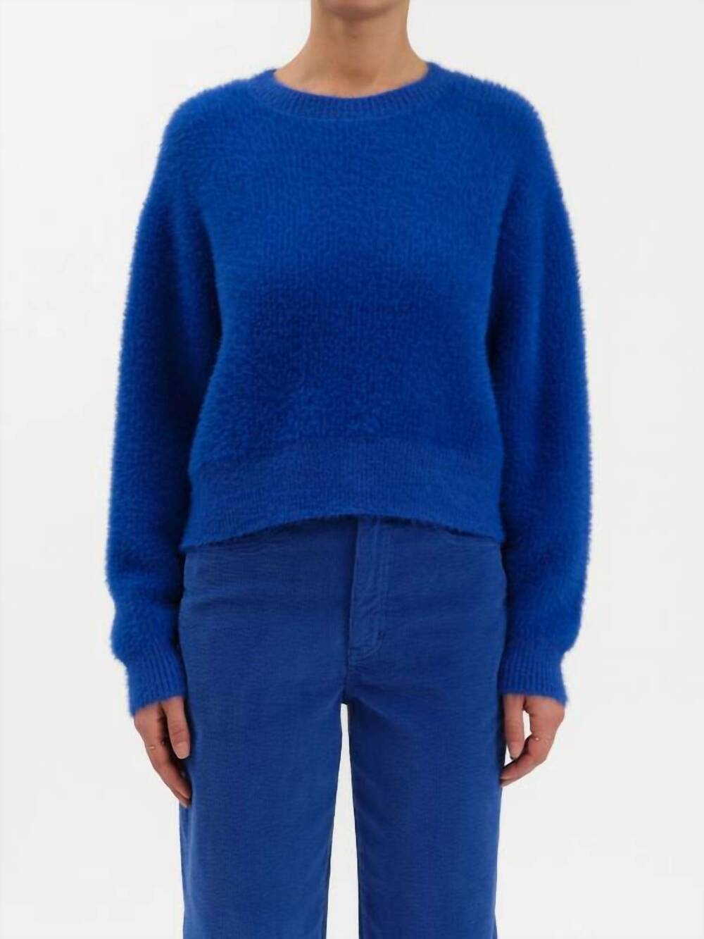 NEW DAZE fuzz crewneck eyelash sweater in cobalt